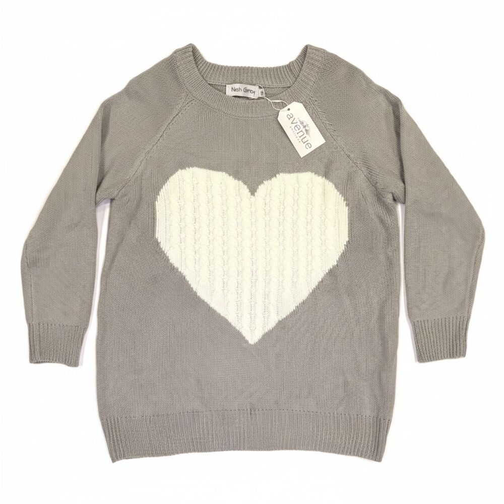 NWT Nash Womens XL Heart Print Knit Sweater Grey White Cozy Oversized Soft‎ Girl